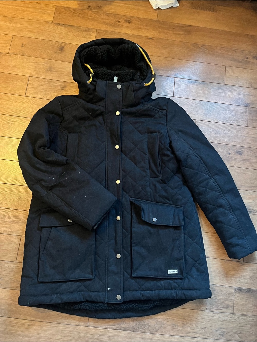 Hunter Black Quilted Puffer Parka with Hood and Yellow Trim